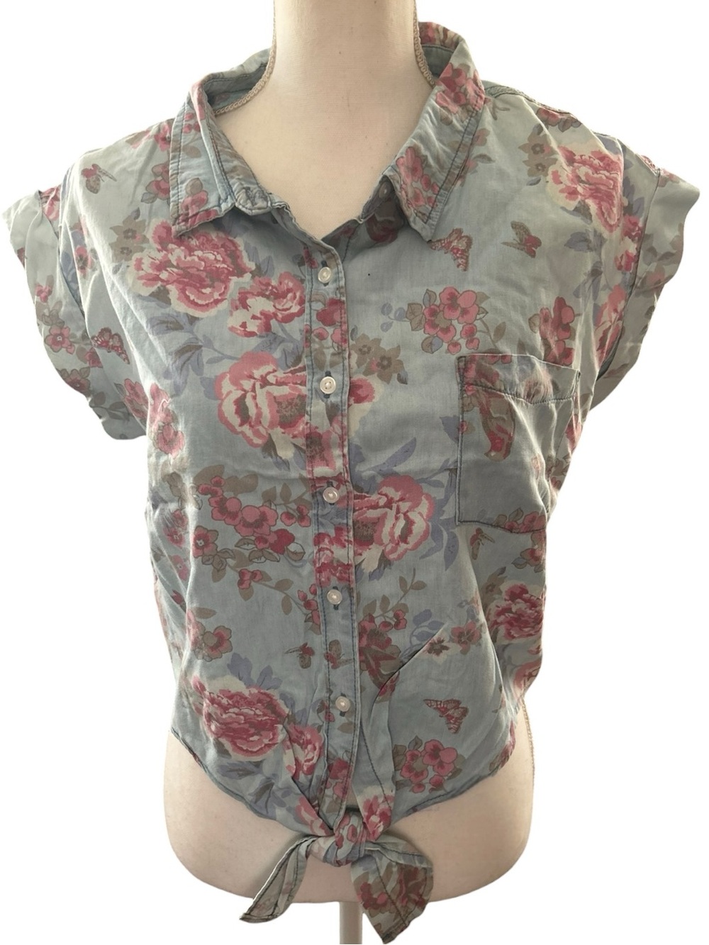 Highway Jeans Light Blue Button-Front Floral Tie Hem Shirt